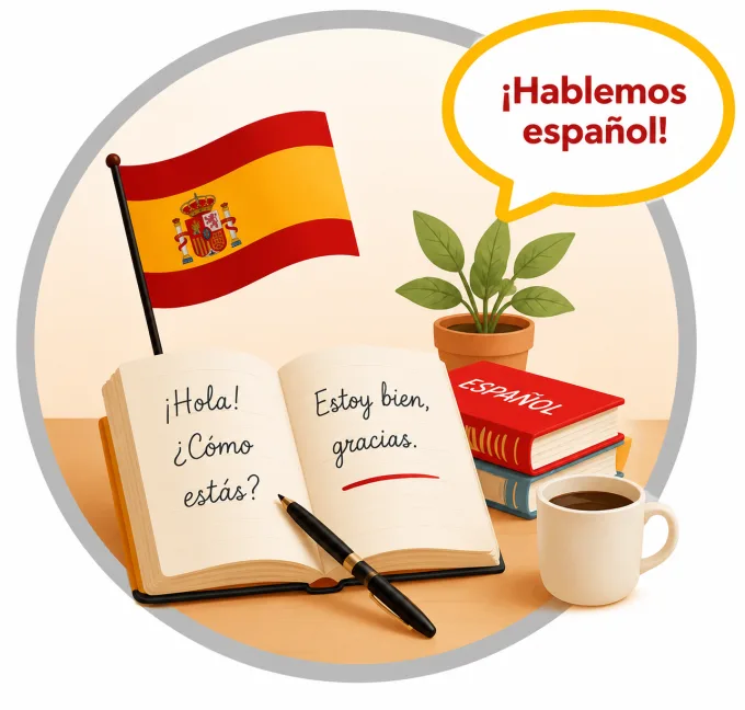 Learn Spanish: a flag, open notebooks and a ¡Hablemos español! speech bubble